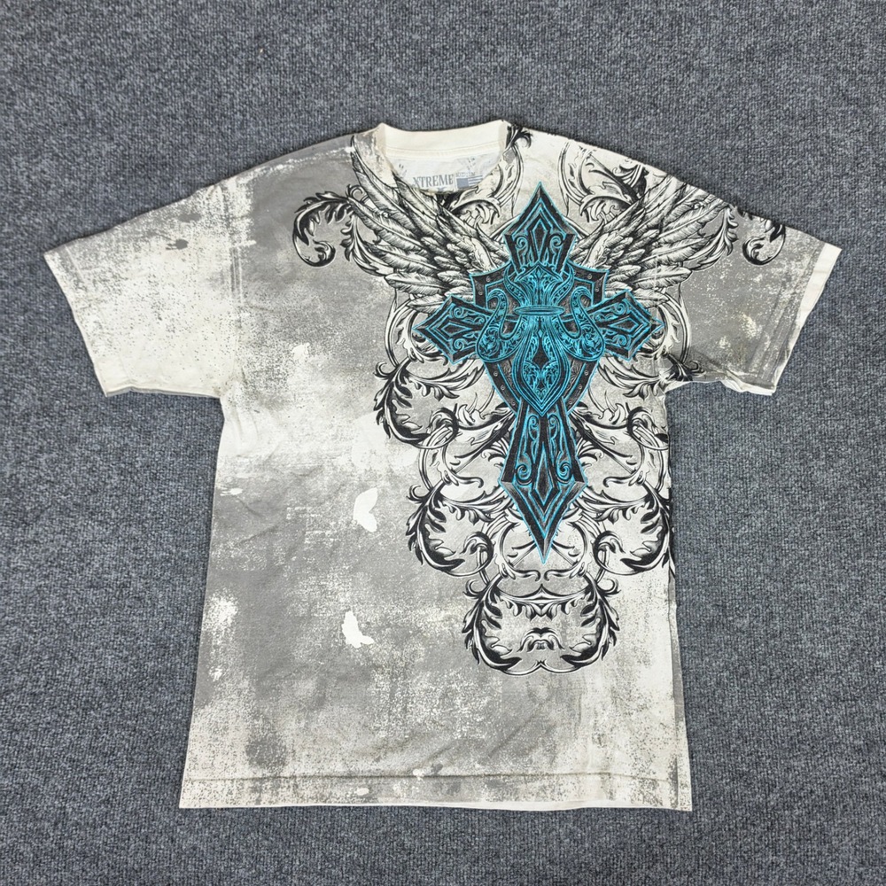 Y2K Xtreme Couture Affliction Mens Medium Gray Teal Winged Cross Graphic T-Shirt